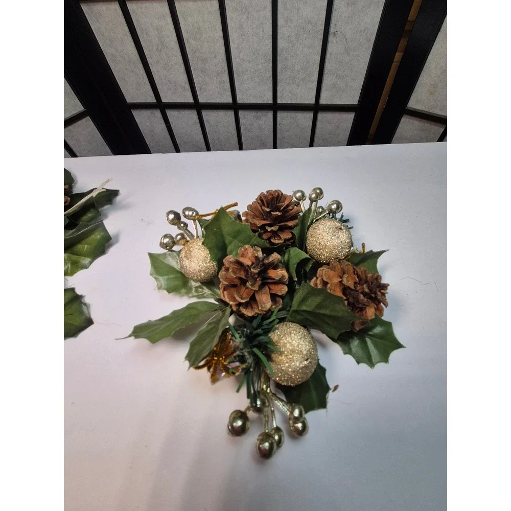 Christmas Candle Rings Set of 2 Holly Pinecone Gold Glitter Ornaments Greenery